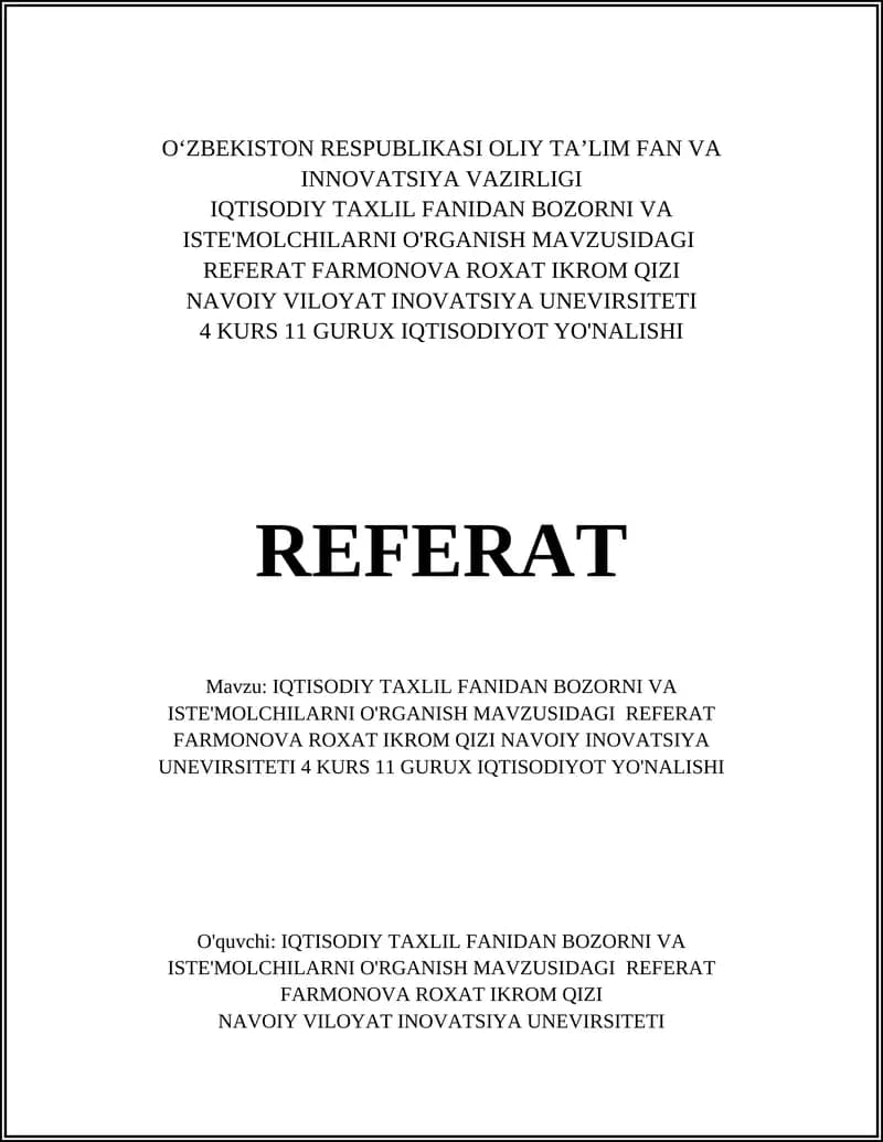 IQTISODIY TAXLIL FANIDAN BOZORNI VA ISTE'MOLCHILARNI O'RGANISH MAVZUSIDAGI REFERAT
