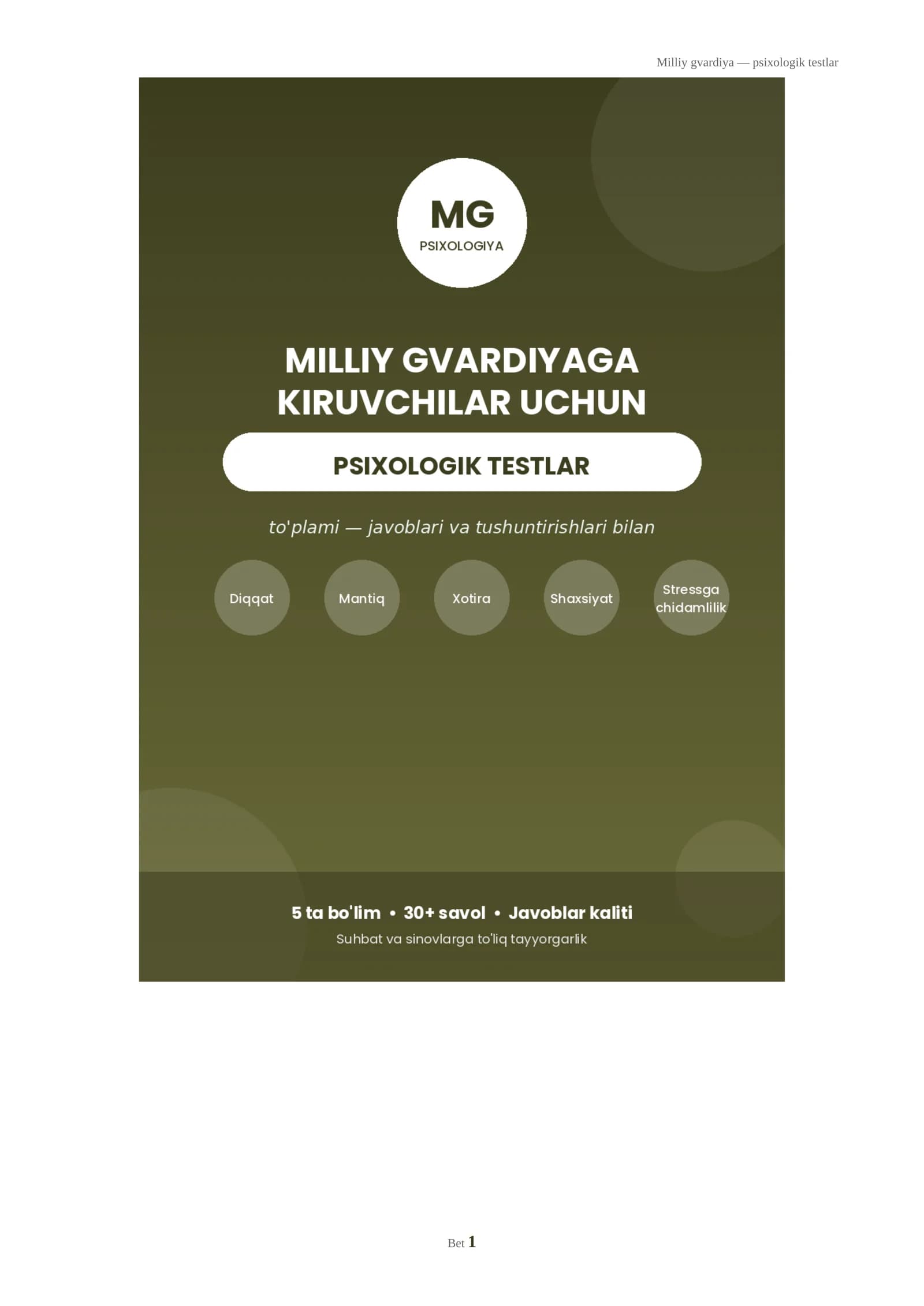 Milliy gvardiyaga kiruvchilar uchun psixologik testlar to'plami (javoblari bilan)