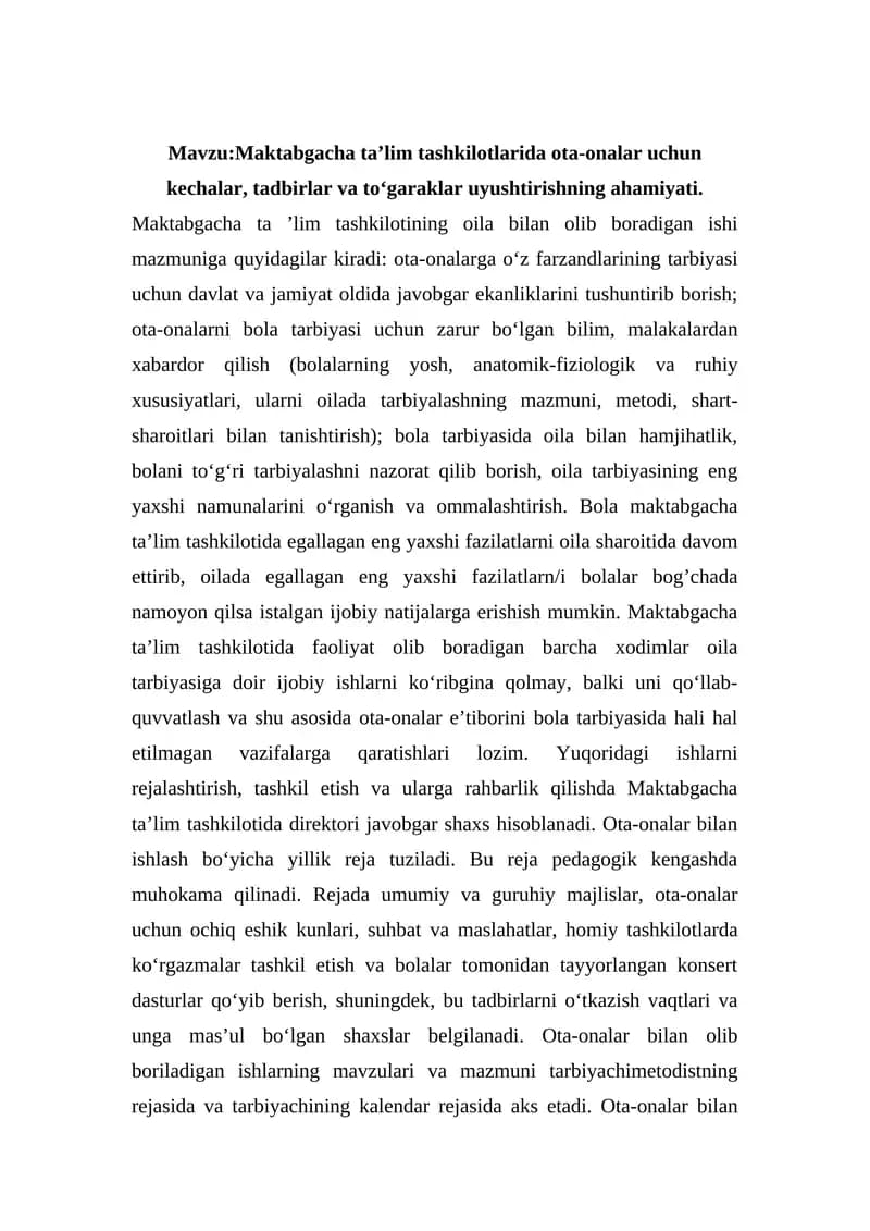 Maktabgacha ta’lim tashkilotlarida ota-onalar uchun kechalar, tadbirlar va