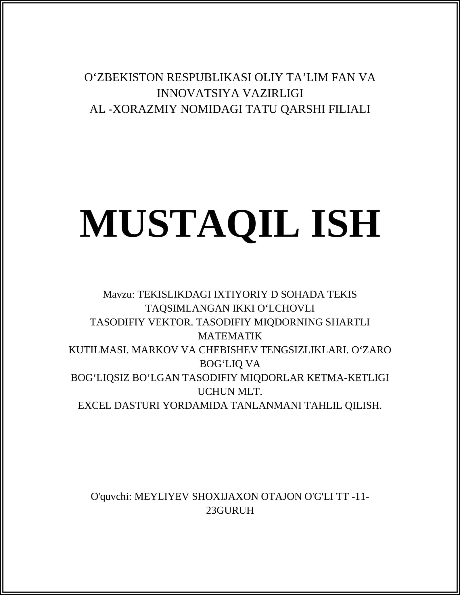 Tekis taqsimlangan ikki o‘lchovli tasodifiy vektor