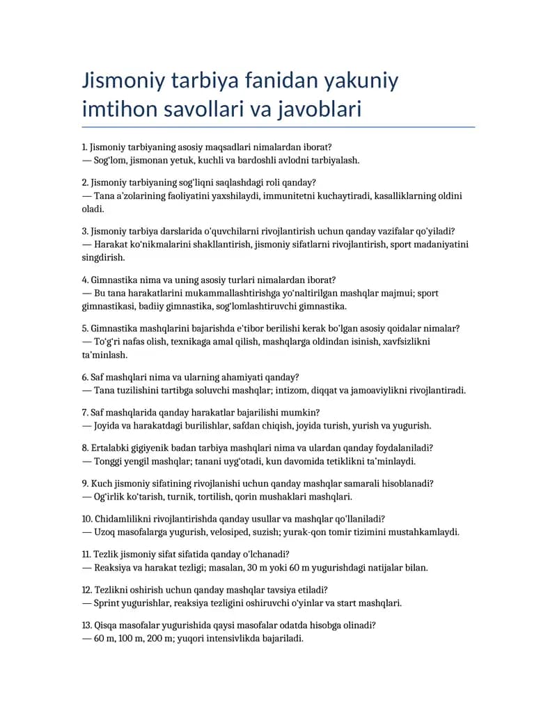 Jismoniy tarbiya fanidan yakuniy imtihon savollari va javoblari