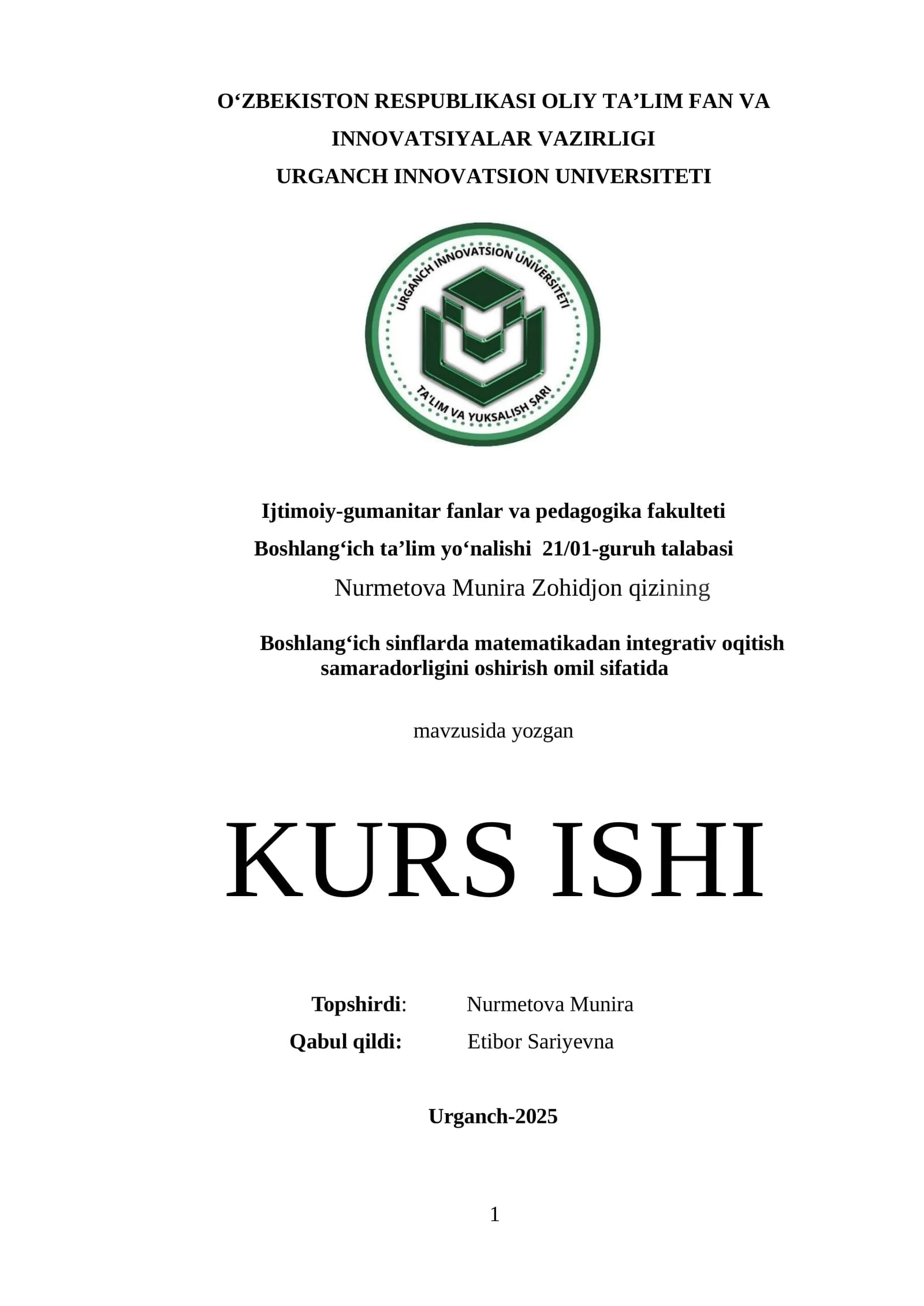 Boshlang‘ich sinflarda matematikadan integrativ oqitish samaradorligini oshirish omil sifatida