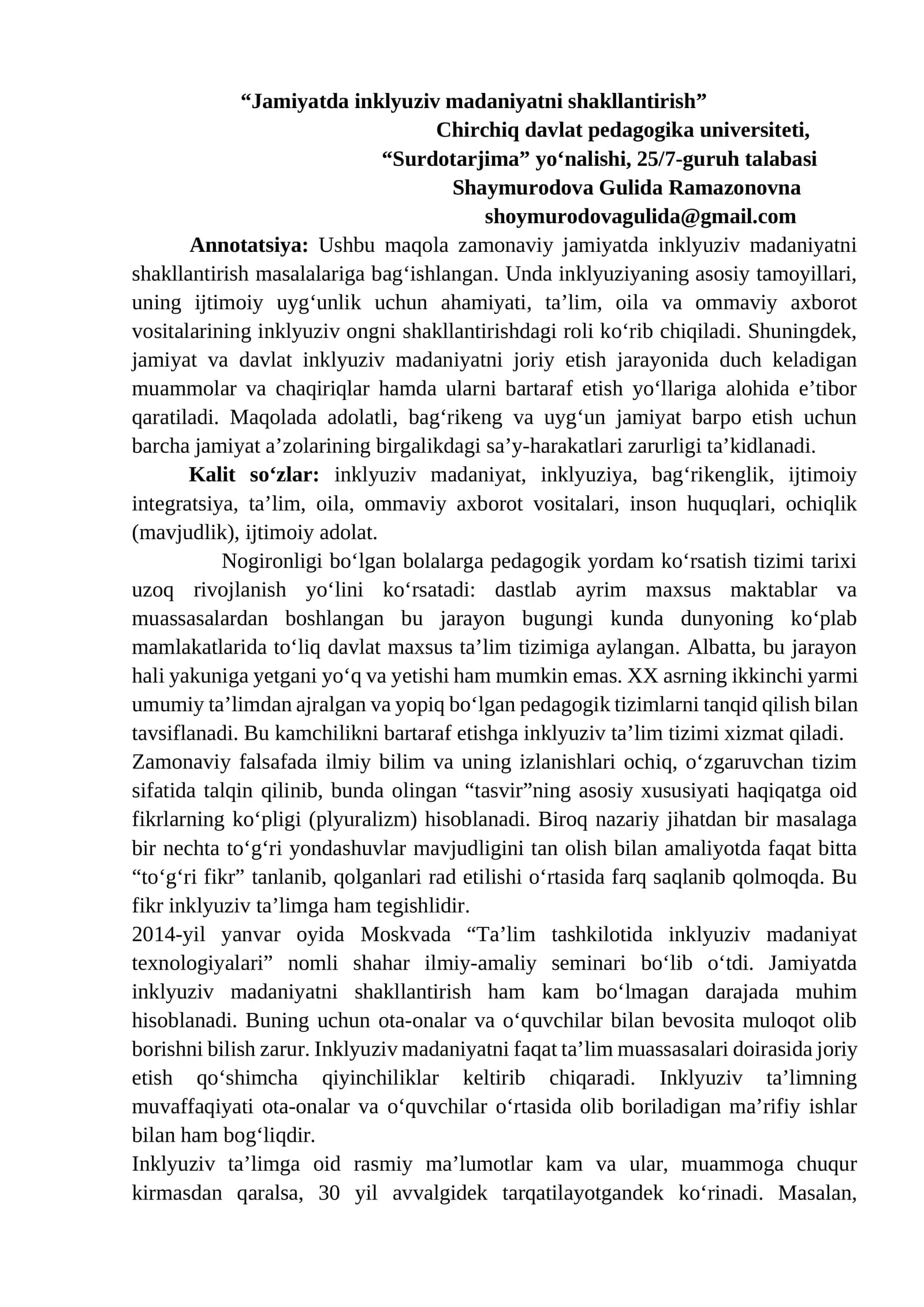 Jamiyatda inklyuziv madaniyatni shakllantirish