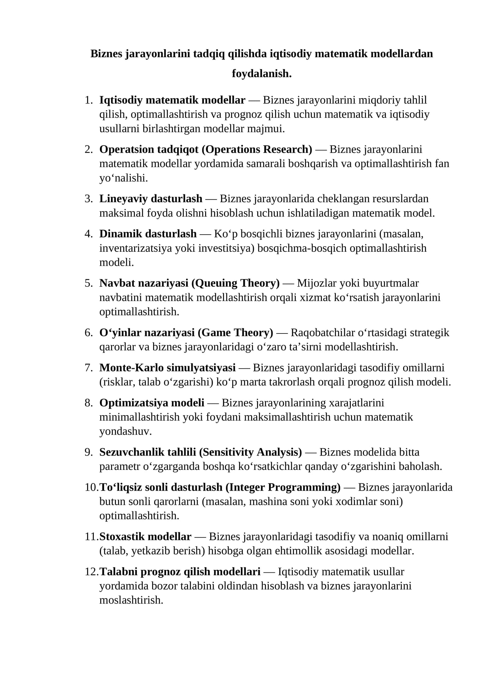Biznes jarayonlarini tadqiq qilishda iqtisodiy matematik modellardan foydalanish