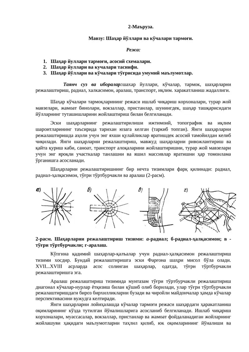 Шаҳар йўллари ва кўчалари тармоғи