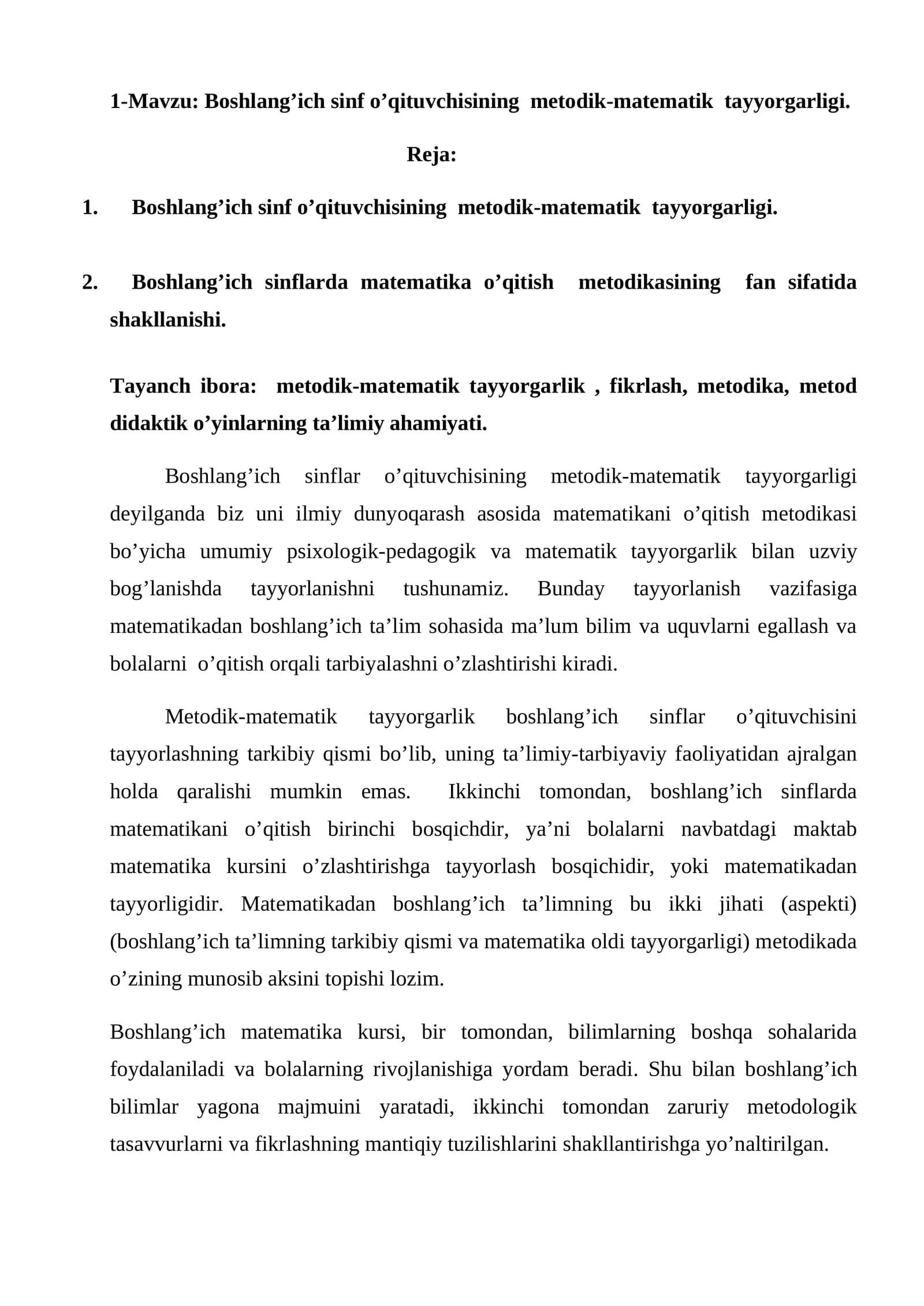 Boshlang’ich sinf o’qituvchisining metodik-matematik tayyorgarligi