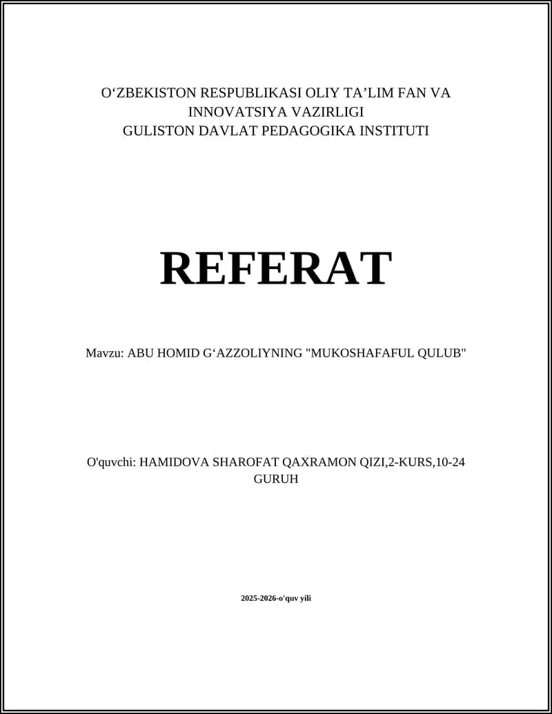 ABU HOMID GʻAZZOLIYNING "MUKOSHAFAFUL QULUB"
