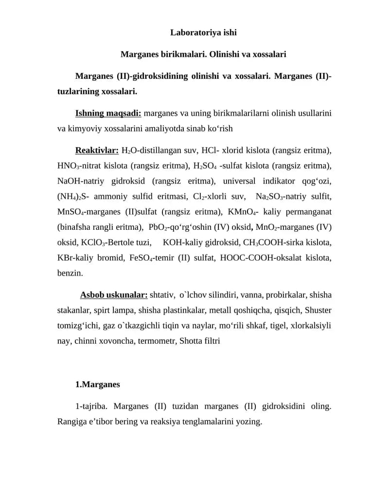 Marganes birikmalari. Olinishi va xossalari
