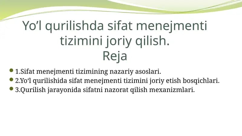 Yo’l qurilishda sifat menejmenti tizimini joriy qilish