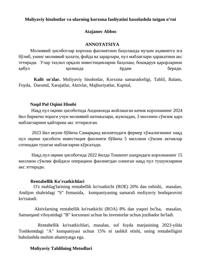 Moliyaviy hisobotlar va ularning korxona faoliyatini baxolashda tutgan o’rni