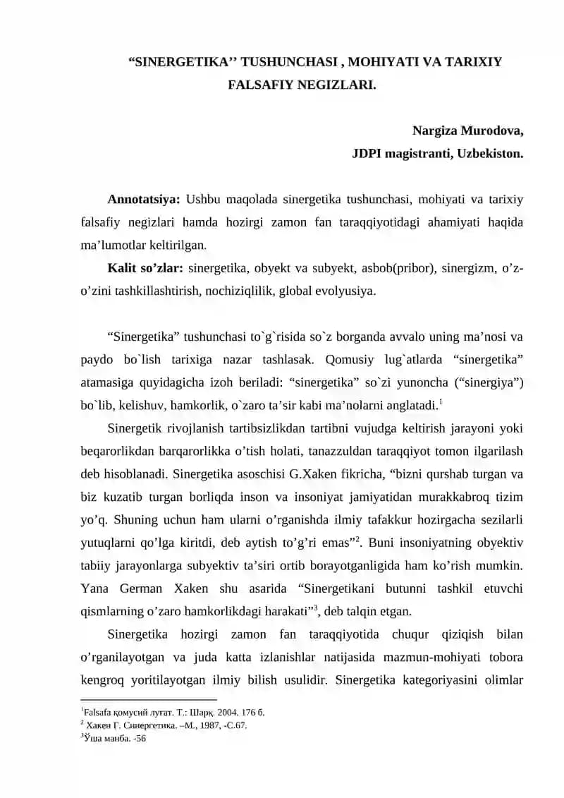 "SINERGETIKA’’ TUSHUNCHASI, MOHIYATI VA TARIXIY FALSAFIY NEGIZLARI"