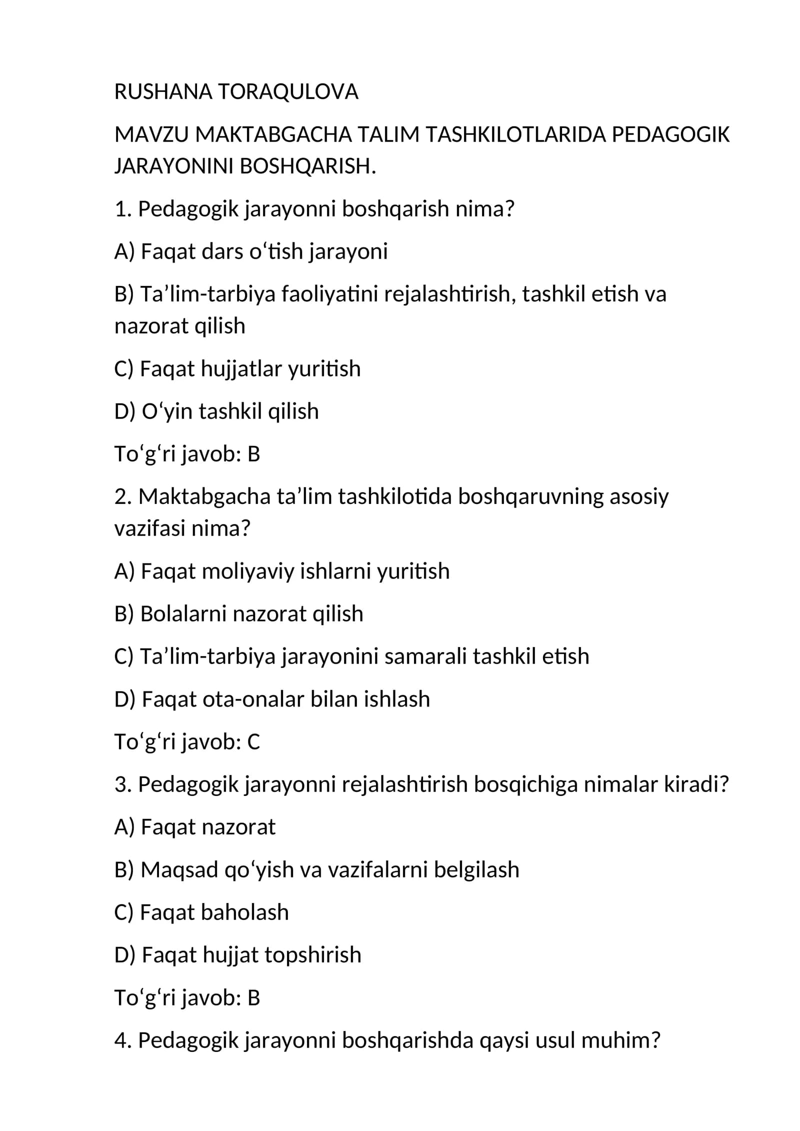MAKTABGACHA TALIM TASHKILOTLARIDA PEDAGOGIK JARAYONINI BOSHQARISH