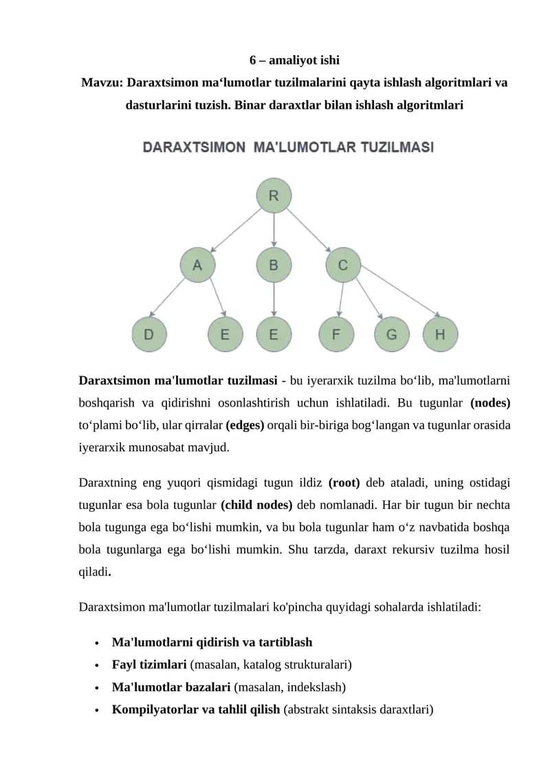 Daraxtsimon ma‘lumotlar tuzilmalarini qayta ishlash algoritmlari va dasturlarini tuzish. Binar daraxtlar bilan ishlash algoritmlari
