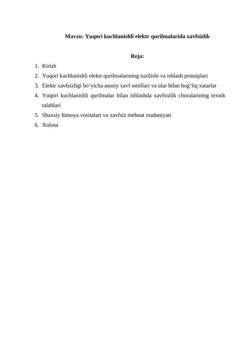 Yuqori kuchlanishli elektr qurilmalarida xavfsizlik