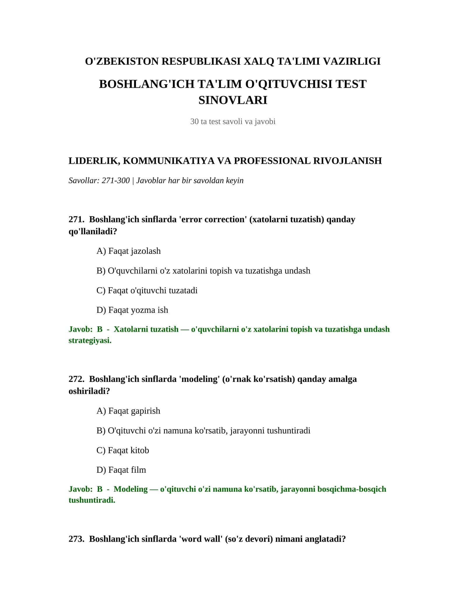 BOSHLANG'ICH TA'LIM O'QITUVCHISI TEST SINOVLARI