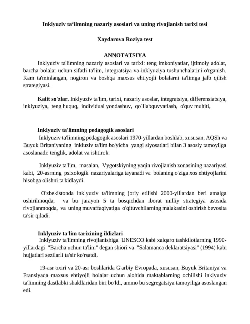 Inklyuziv ta‘ilmning nazariy asoslari va uning rivojlanish tarixi tesi