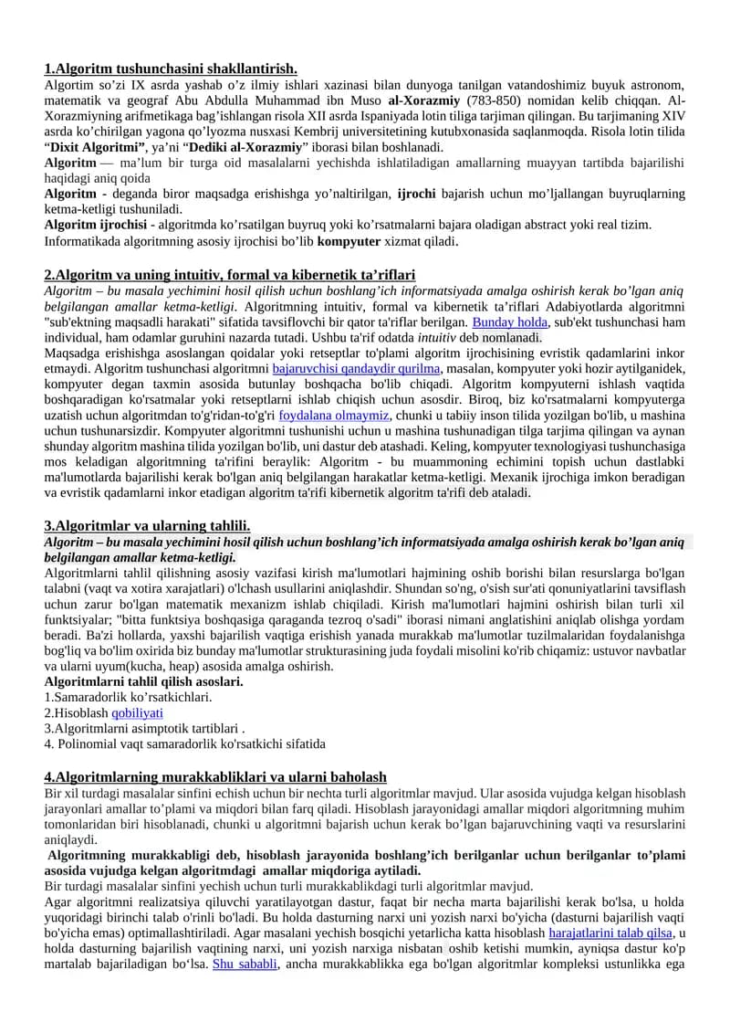 Algoritm tushunchasini shakllantirish