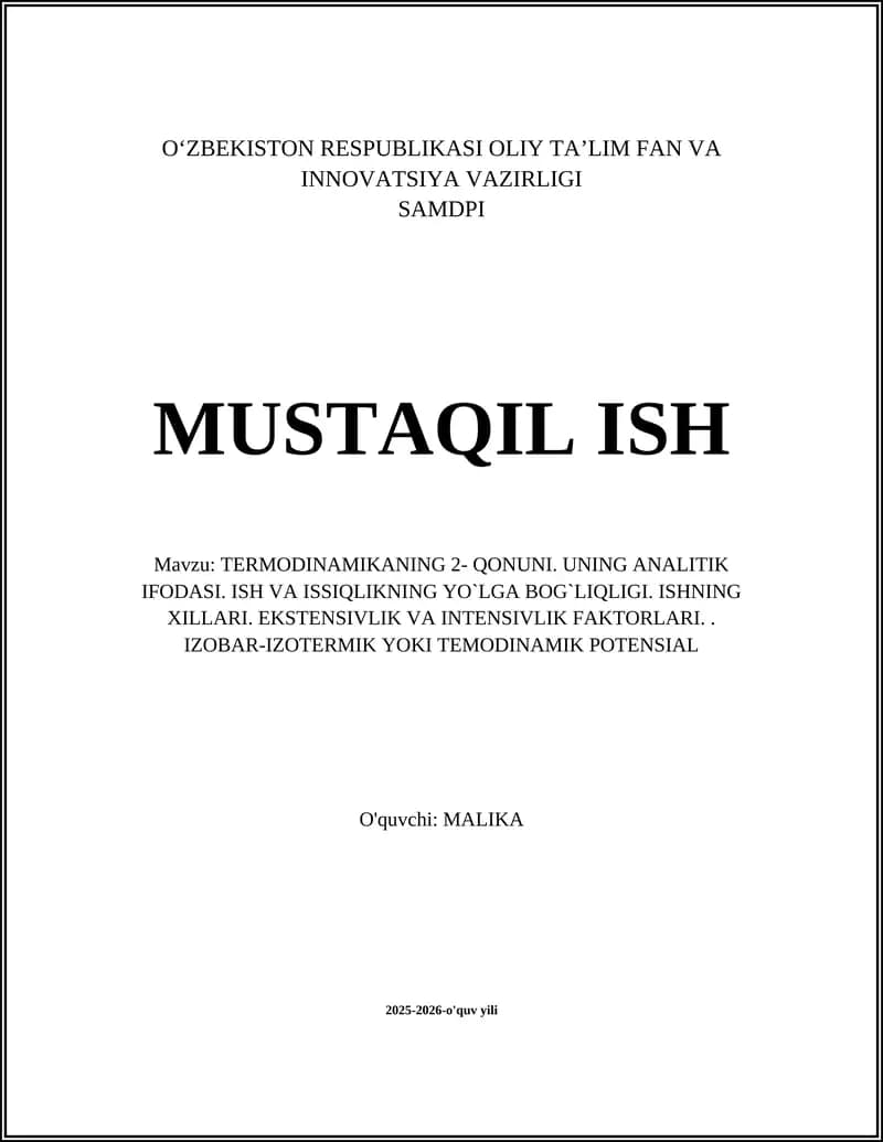 TЕRMОDINАMIKАNING 2- QONUNI. UNING АNАLITIK IFОDАSI