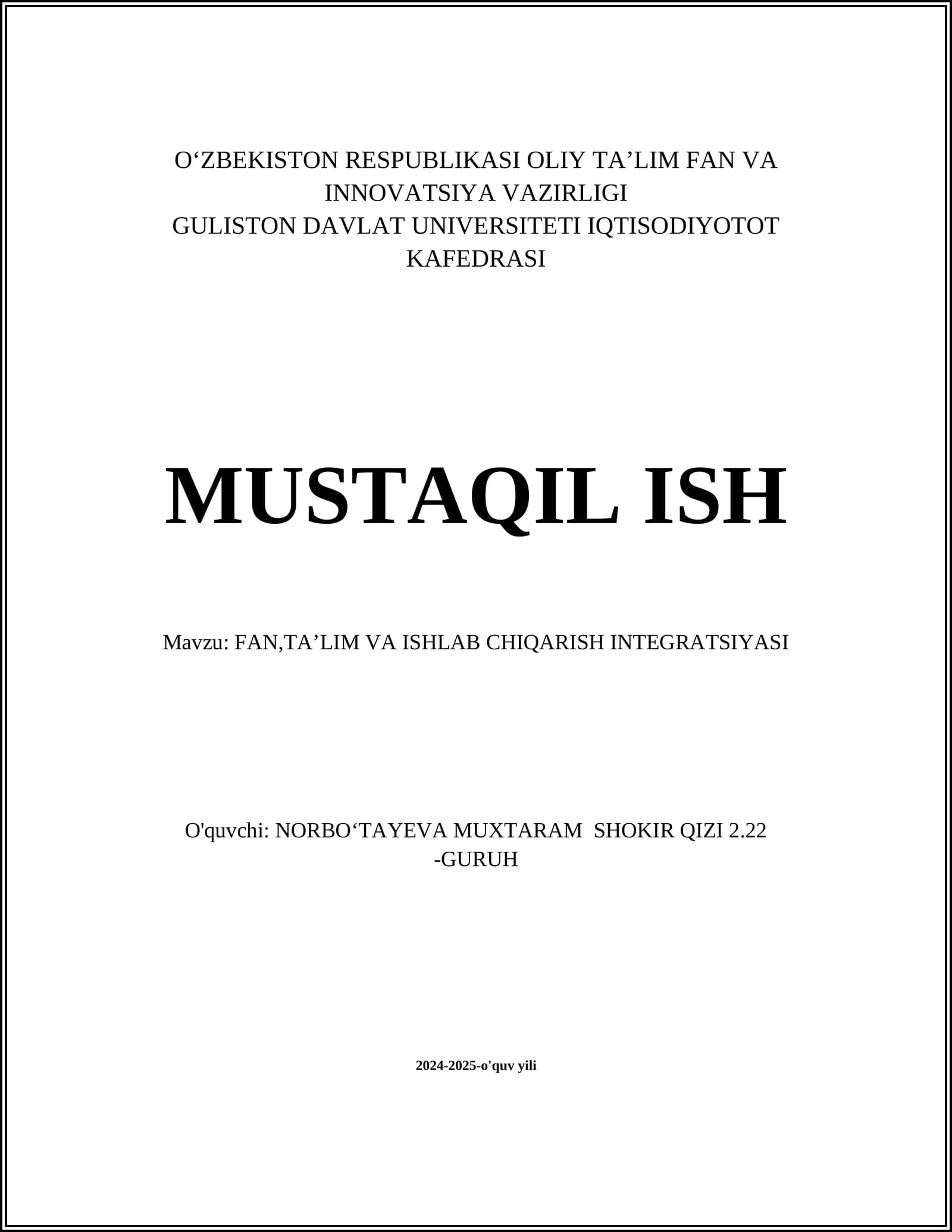 FAN, TAʼLIM VA ISHLAB CHIQARISH INTEGRATSIYASI