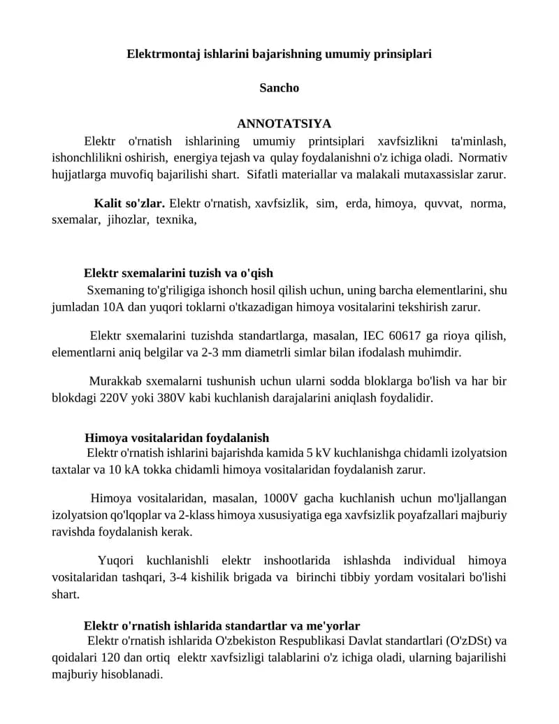 Elektrmontaj ishlarini bajarishning umumiy prinsiplari