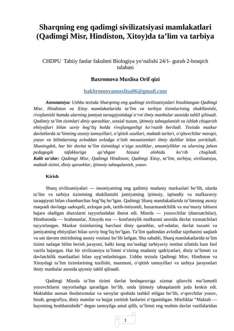 Sharqning eng qadimgi sivilizatsiyasi mamlakatlari (Qadimgi Misr, Hindiston, Xitoy)da taʼlim va tarbiya
