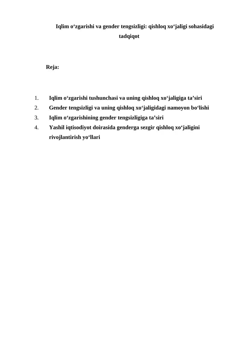 Iqlim o‘zgarishi va gender tengsizligi qishloq xo‘jaligi sohasidagi tadqiqot