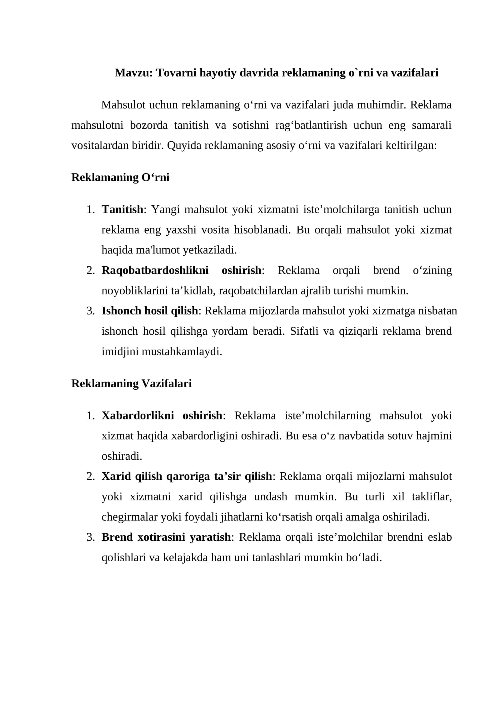 Tovarni hayotiy davrida reklamaning o`rni va vazifalari