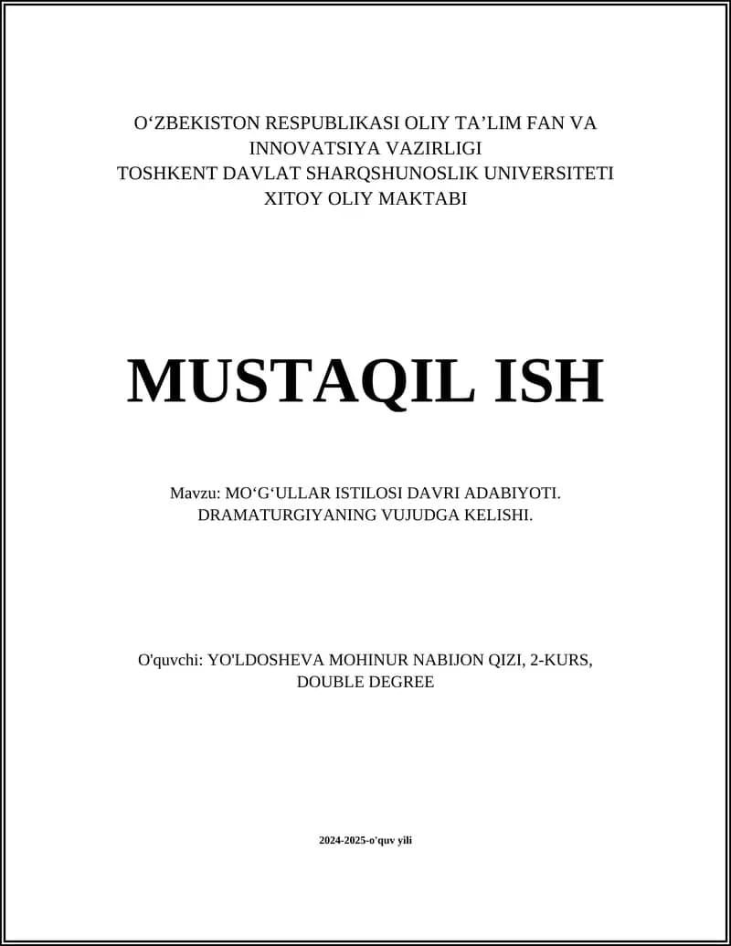 MO‘G‘ULLAR ISTILOSI DAVRI ADABIYOTI