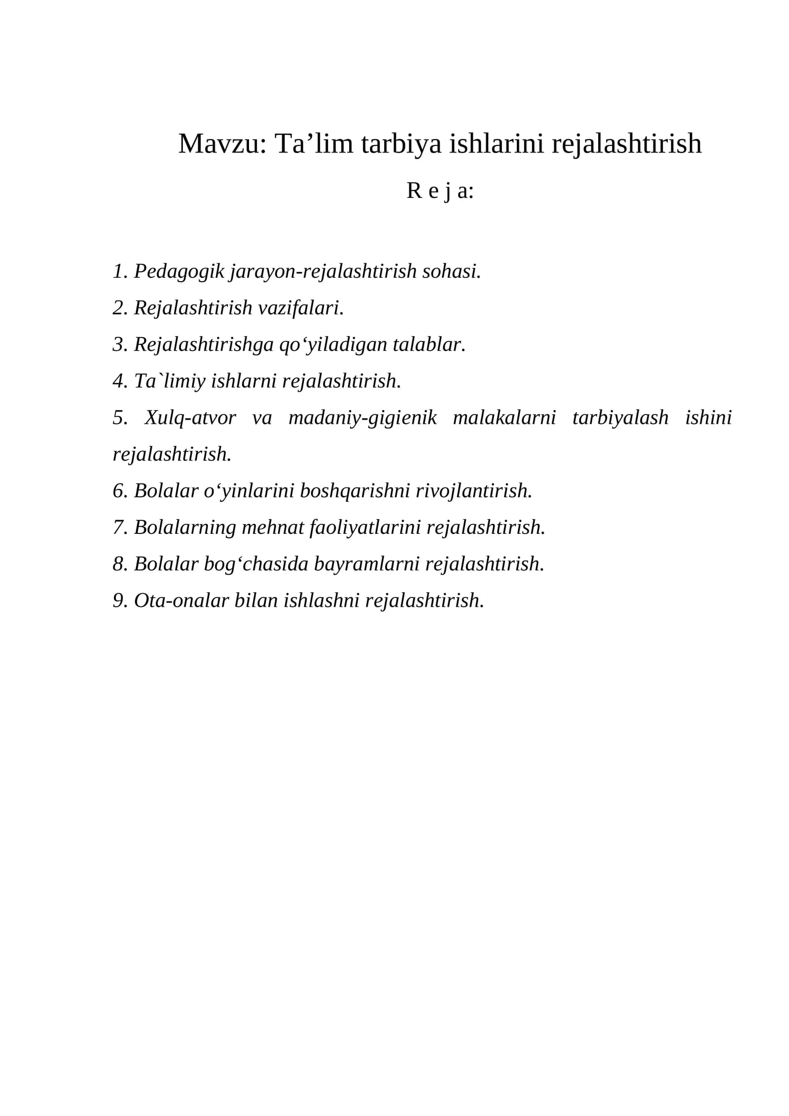Ta’lim tarbiya ishlarini rejalashtirish