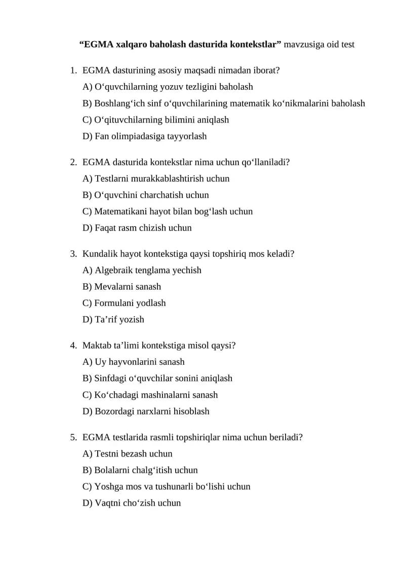 EGMA xalqaro baxolash tizimi dasturida kontekstlar mavzusiga testlar