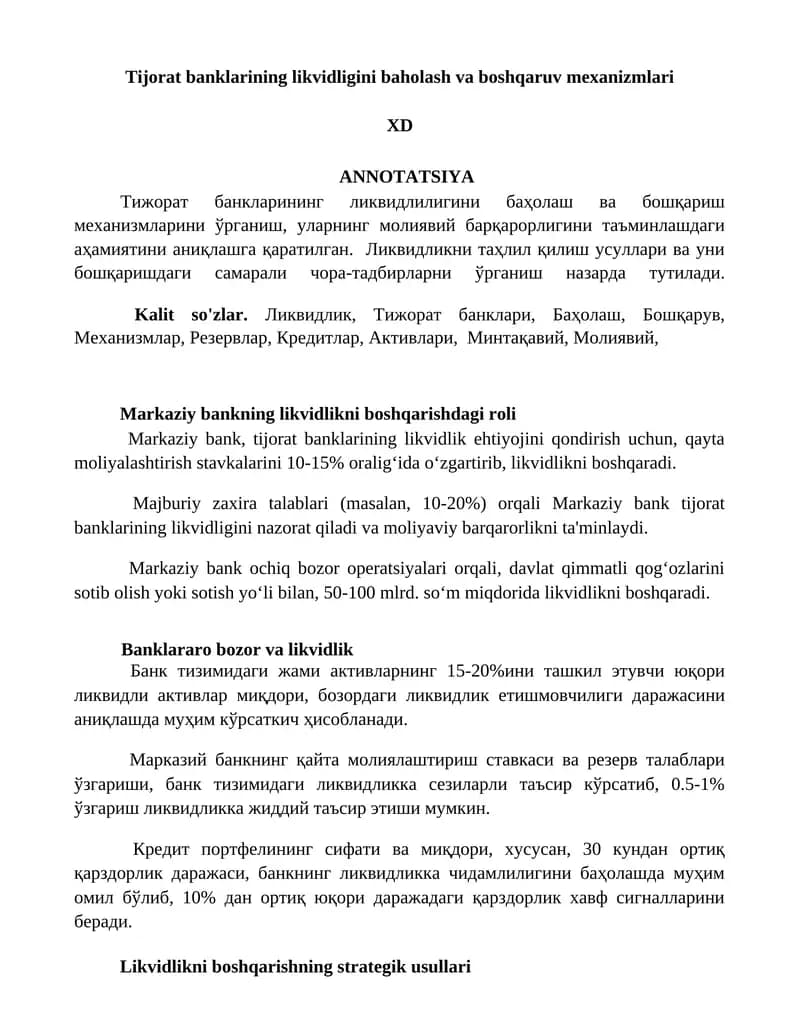 Tijorat banklarining likvidligini baholash va boshqaruv mexanizmlari