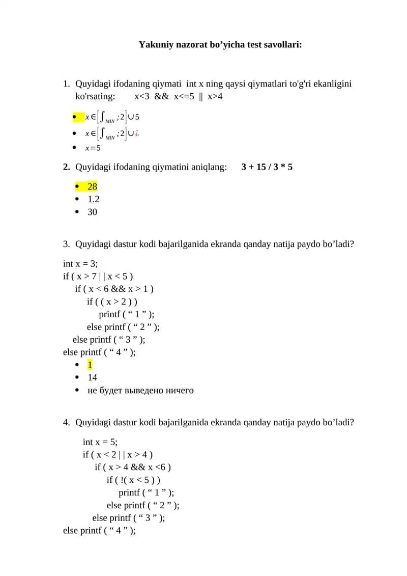 Yakuniy nazorat bo’yicha test savollari