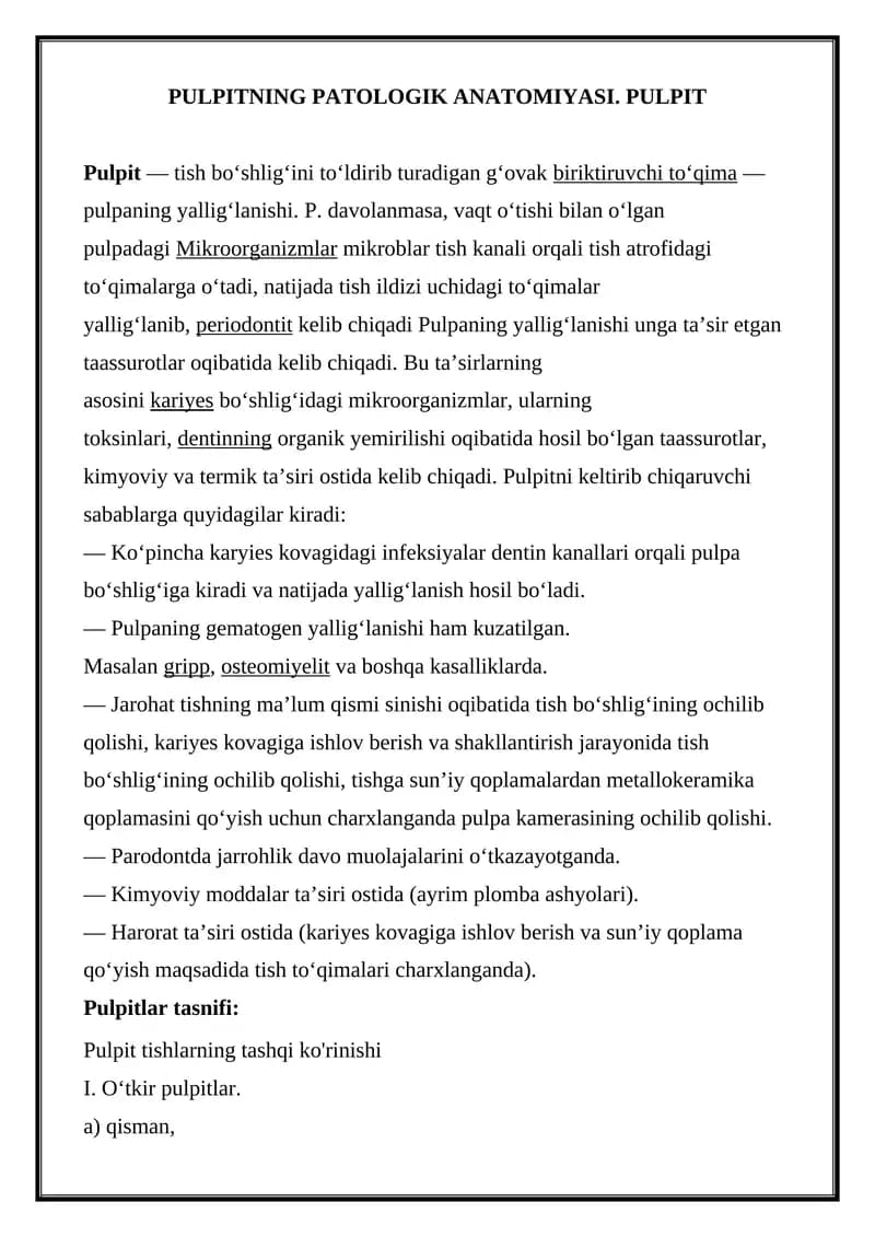 PULPITNING PATOLOGIK ANATOMIYASI
