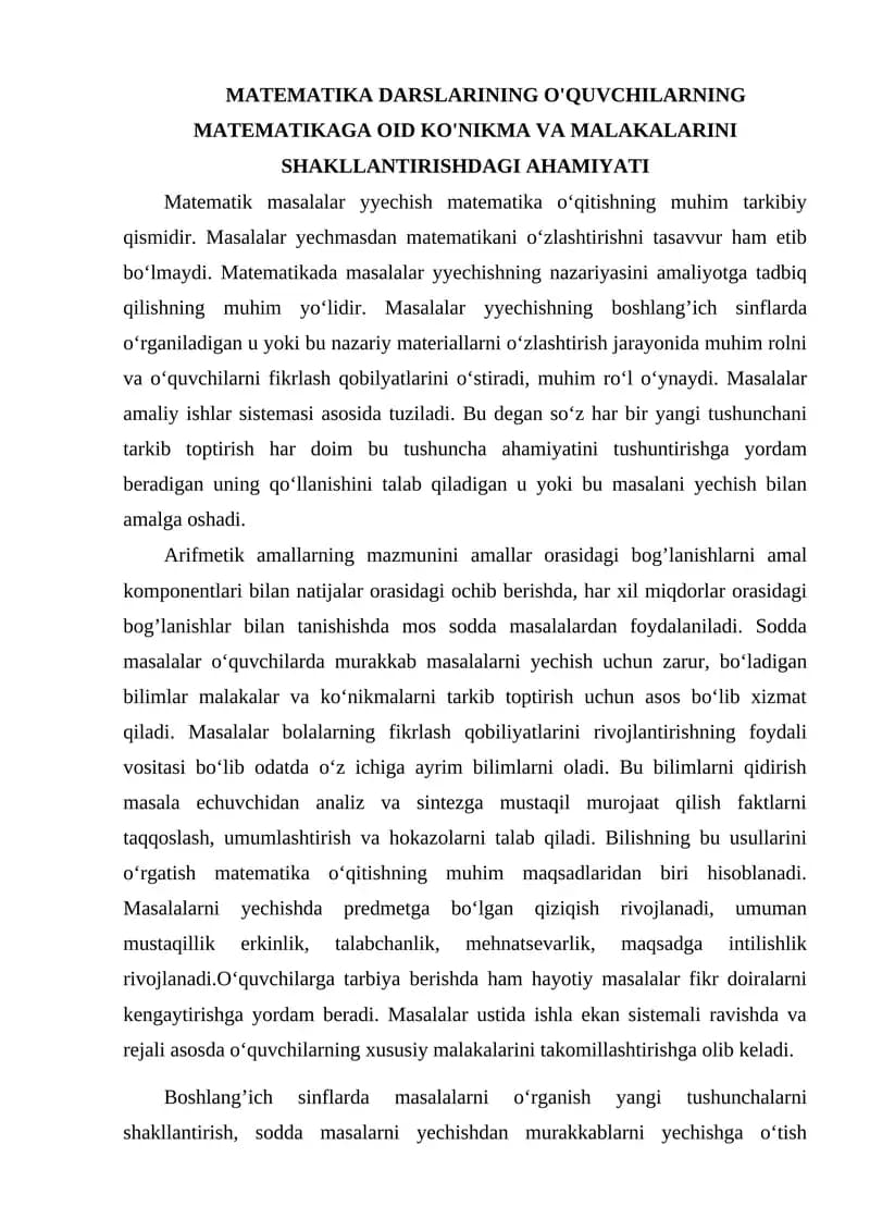 Matematika Darslarining O'quvchilarning Matematikaga oid Ko'nikma va Malakalarini Shakllantirishdagi Ahamiyati
