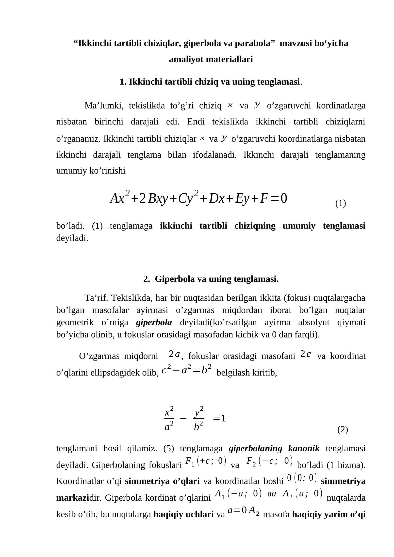 Ikkinchi tartibli chiziqlar, giperbola va parabola amaliyot materiallari