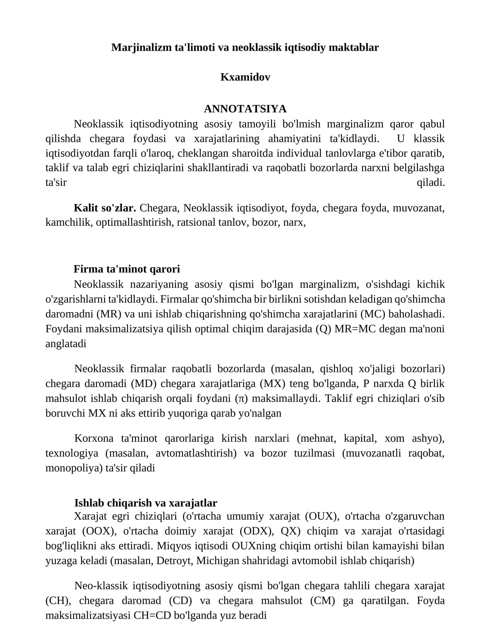 Marjinalizm ta'limoti va neoklassik iqtisodiy maktablar
