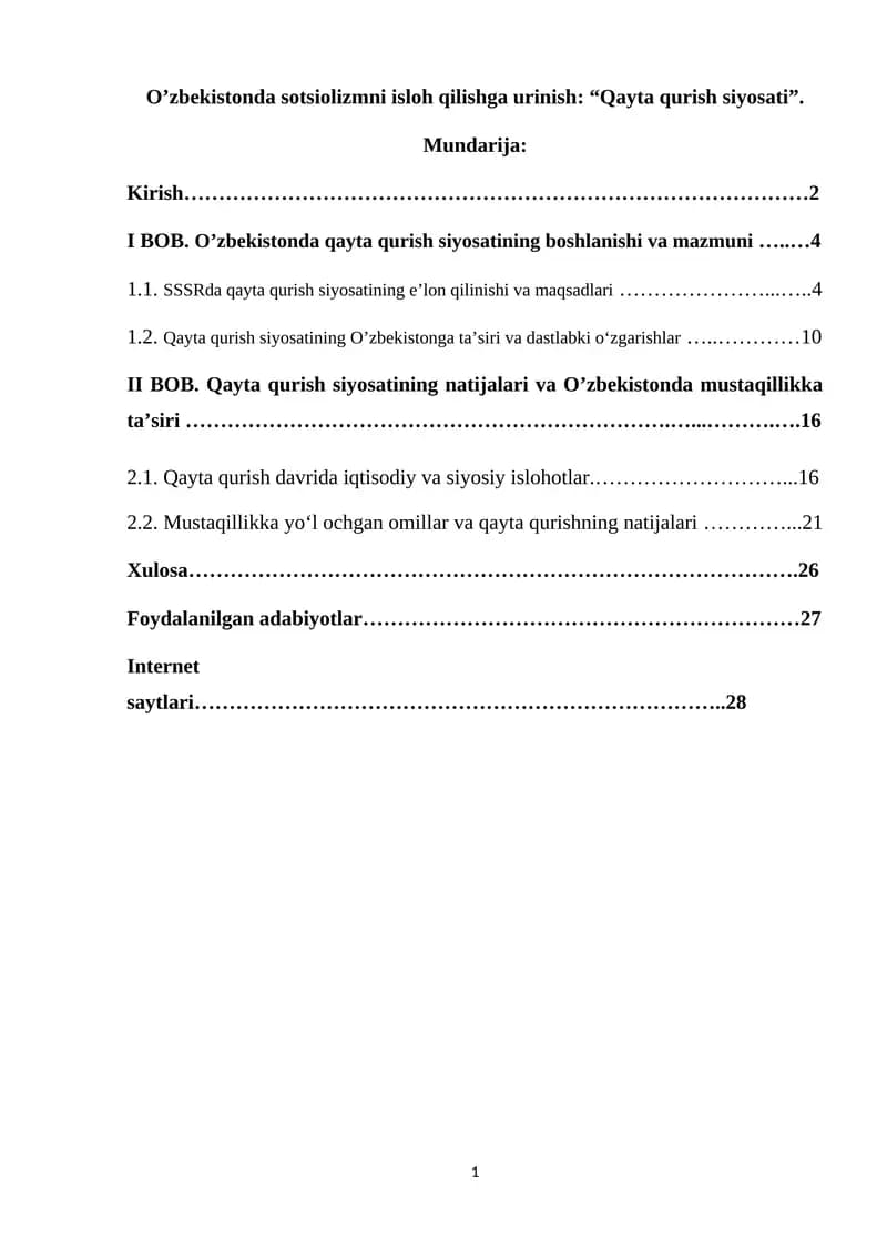 O'zbekistonda sotsiolizmni isloh qilishga urinish: “Qayta qurish siyosati”