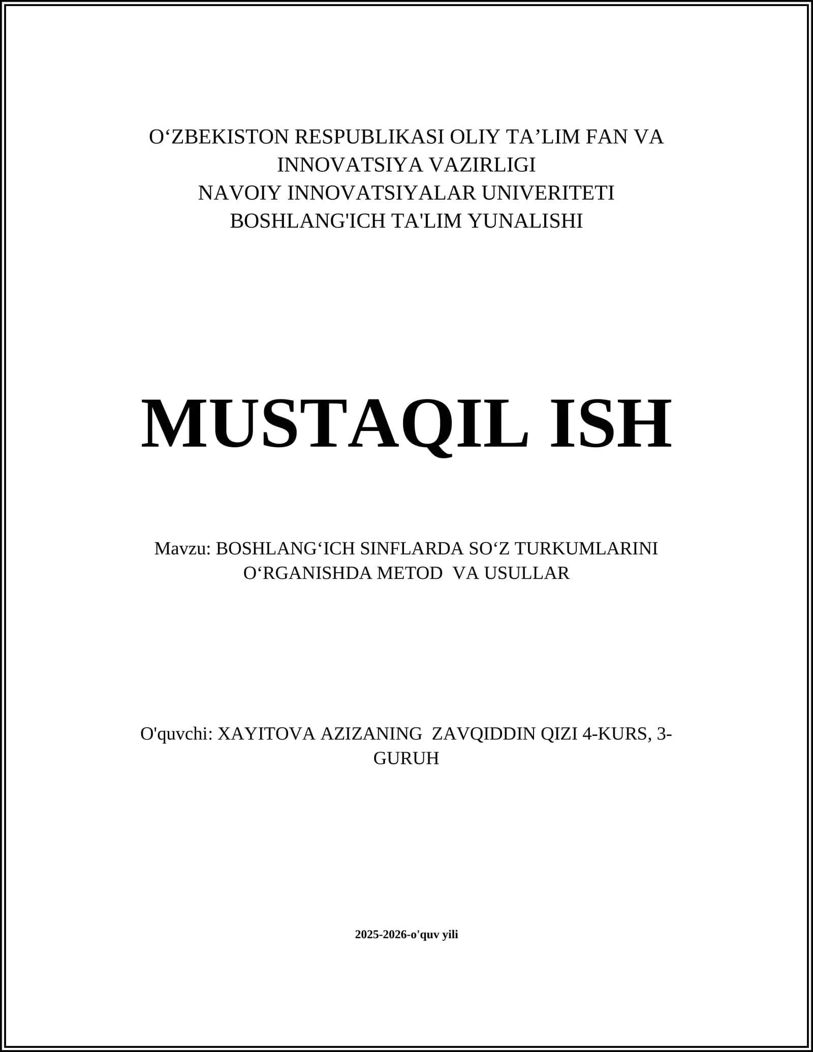 Boshlangʻich sinflarda soʻz turkumlarini oʻrganishda metod va usullar