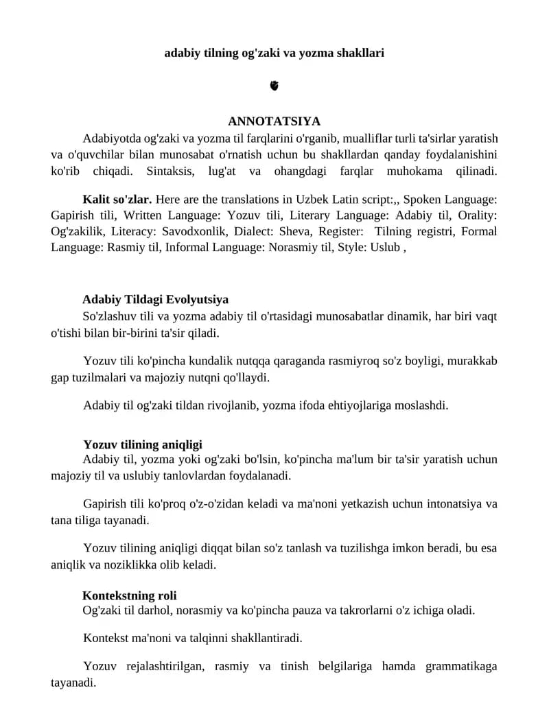 Adabiy tilning og'zaki va yozma shakllari