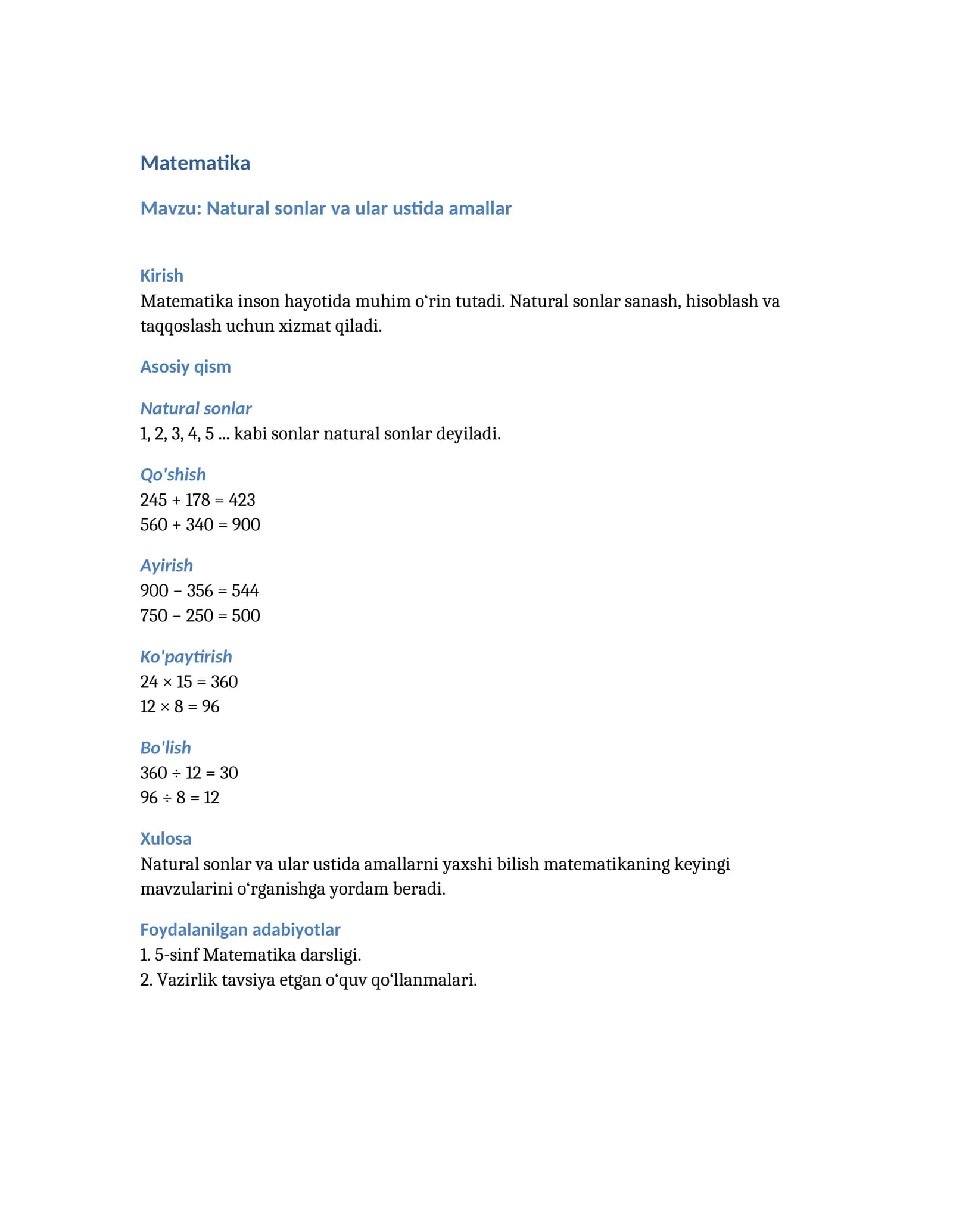 5-sinf matematika referati – Natural sonlar va ular ustida amallar