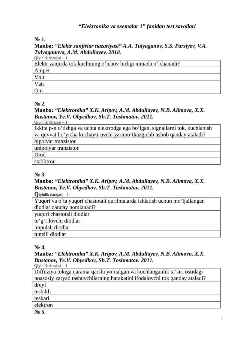 Elektronika va sxemalar 1