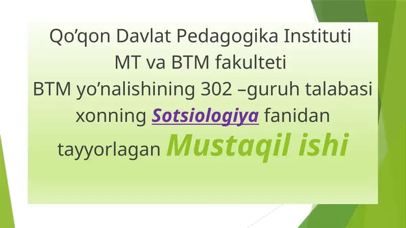 Sotsiologiya fanidan Mustaqil ish