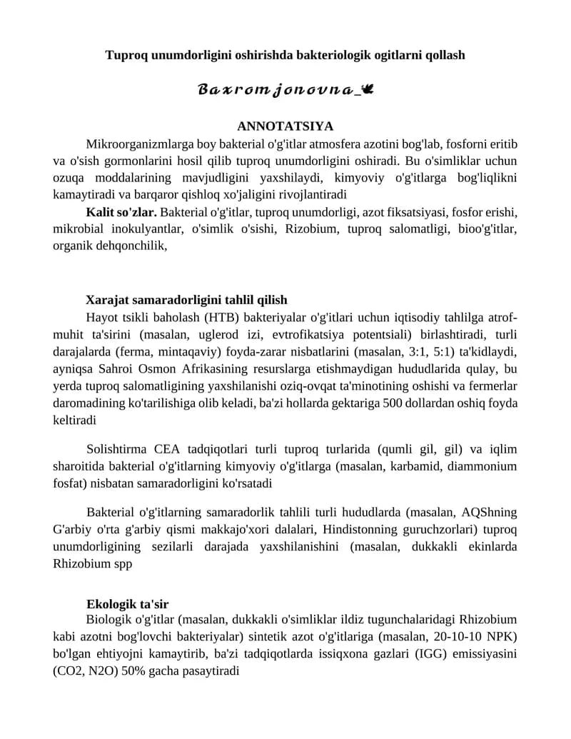 Tuproq unumdorligini oshirishda bakteriologik ogitlarni qollash