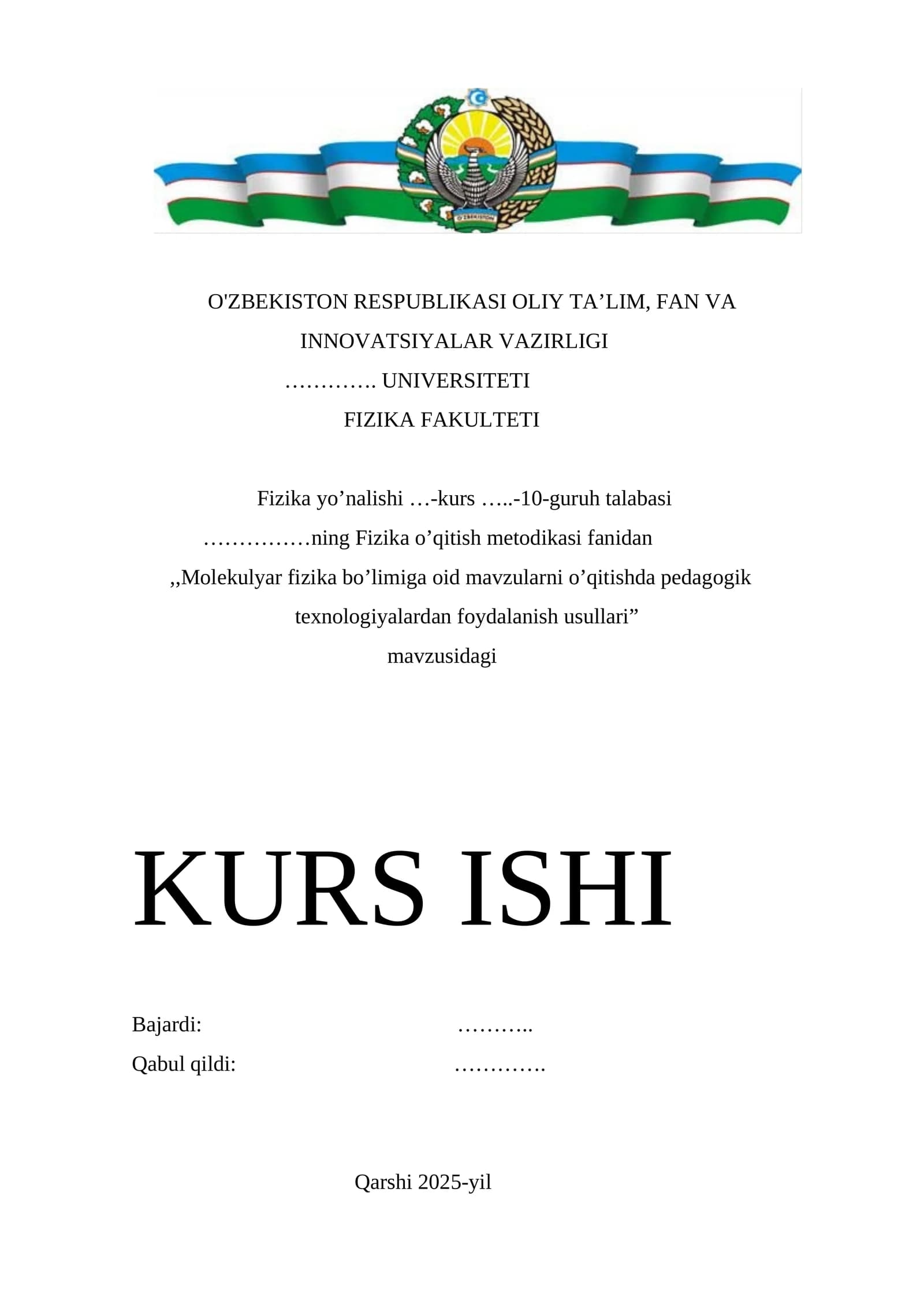 Molekulyar fizika bo’limiga oid mavzularni o’qitishda pedagogik texnologiyalardan foydalanish usullari mavzusida tayyor kurs ishi.