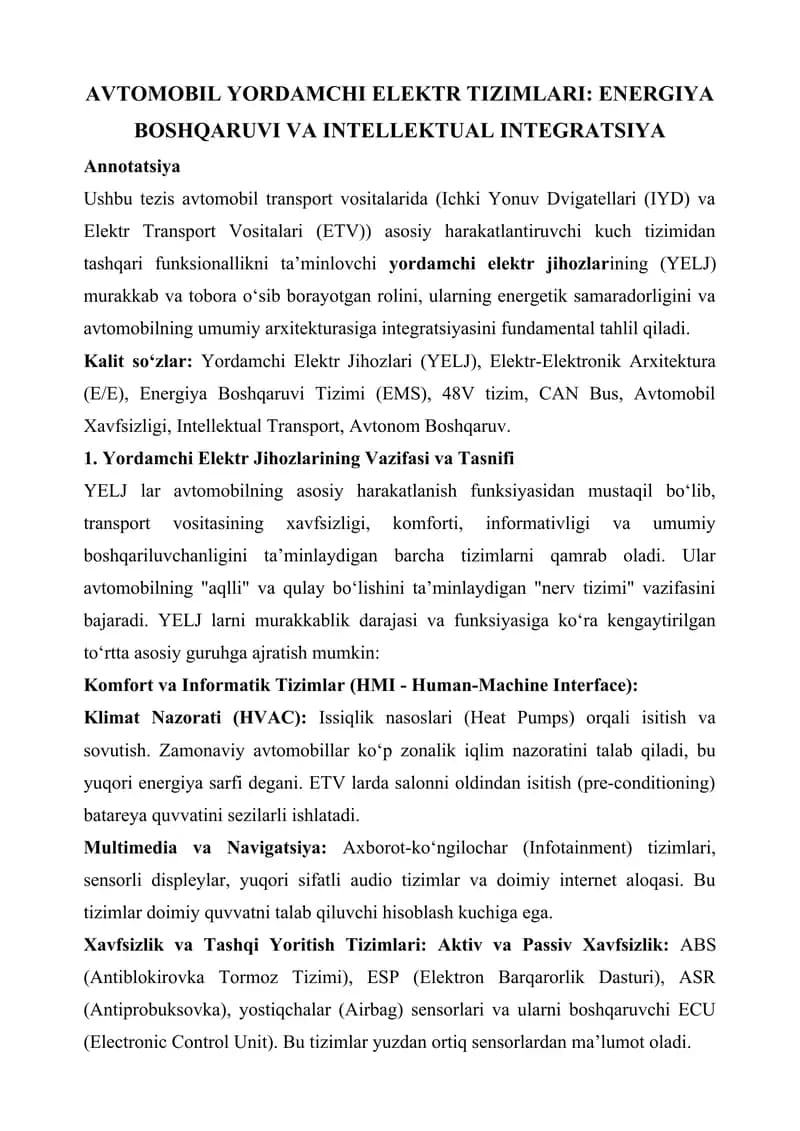 AVTOMOBIL YORDAMCHI ELEKTR TIZIMLARI