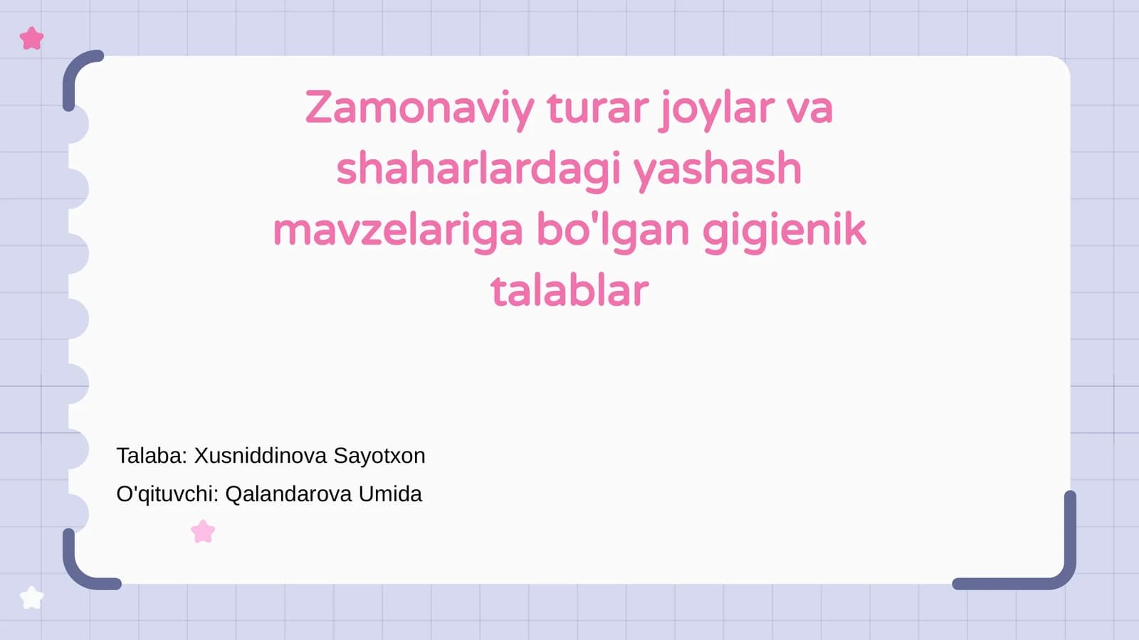 Zamonaviy turar joylar va shaharlardagi yashash mavzelariga bo'lgan gigienik talablar