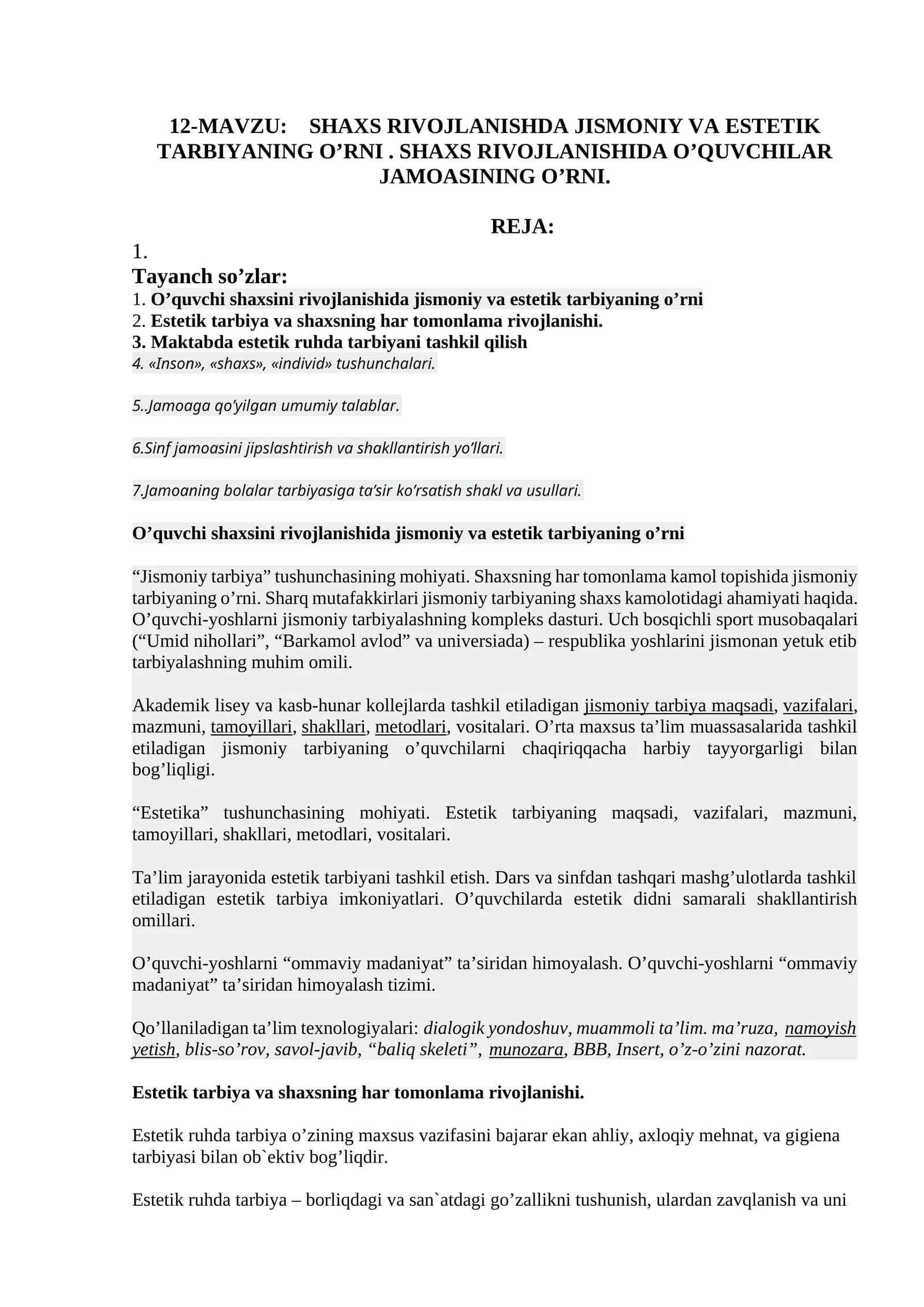 SHAXS RIVOJLANISHDA JISMONIY VA ESTETIK TARBIYANING O’RNI
