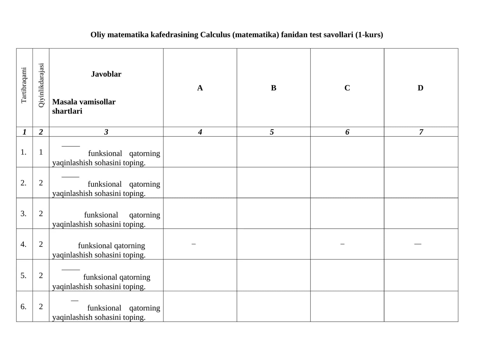 Oliy matematika kafedrasining Calсulus (matematika) fanidan test savollari (1-kurs)