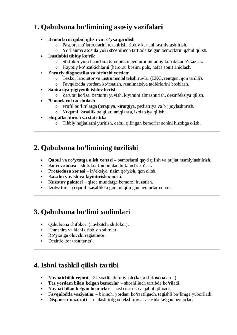 Qabulxona bo‘limining asosiy vazifalari