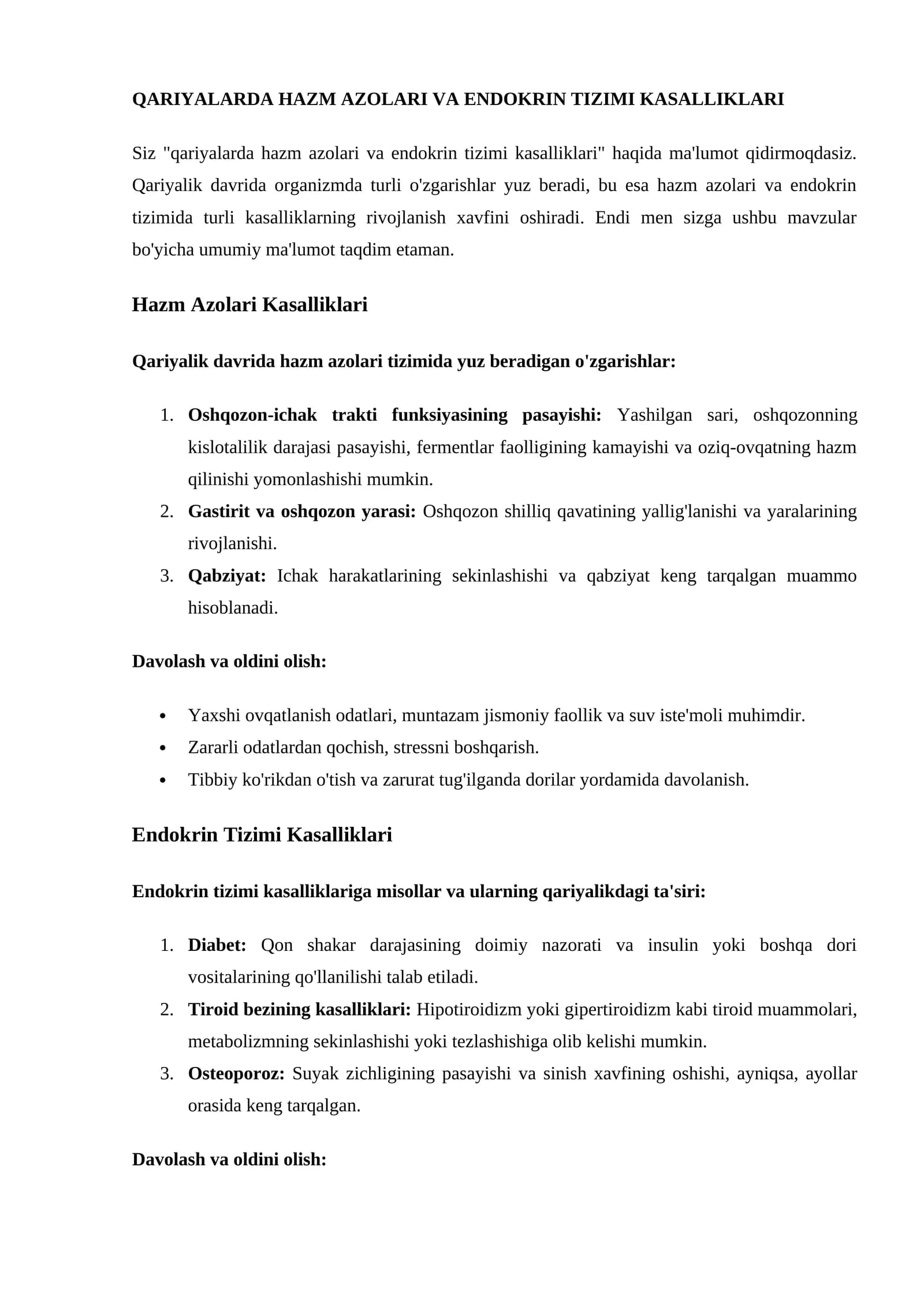 QARIYALARDA HAZM AZOLARI VA ENDOKRIN TIZIMI KASALLIKLARI